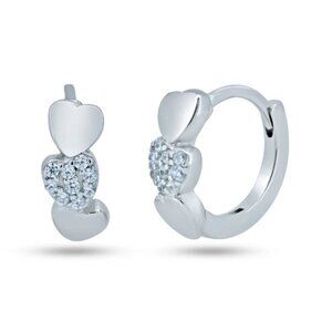 Sterling Silver 925 Rhodium Plated Pave Huggies Hearts Hoop Earrings
